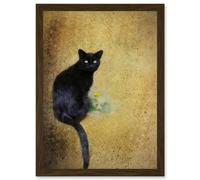 Artery8 Black Cat With Yellow Flower Artwork Framed Wall Art Print A4 in Brown Artery8 Brown