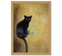 Artery8 Black Cat With Yellow Flower Artwork Framed Wall Art Print A4 in Light Oak Artery8 Light Oak