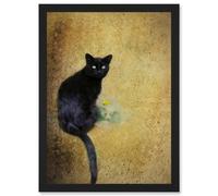 Artery8 Black Cat With Yellow Flower Wall Art Print - A4 Size