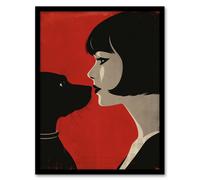 Artery8 Black Dog Lover Lady & Pet Bold Red Retro Style Framed Wall Art | Size: A4 Artery8 Red A4