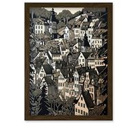 Artery8 Black Forest City Baden Monochrome Cityscape Artwork Framed Wall Art Print A4