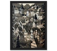 Artery8 Black Forest City Baden Monochrome Cityscape Artwork Framed Wall Art Print A4 Artery8 Black