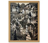 Artery8 Black Forest City Baden Monochrome Cityscape Artwork Framed Wall Art Print A4 in Light Oak Artery8 Light Oak