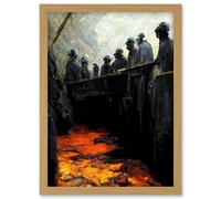 Artery8 Black Gold Coal Miners Pit Bank Artwork Framed Wall Art Print A4 in Light Oak Artery8 Light Oak