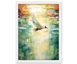 Artery8 Black Headed Gull Flying Over a Calm Sea at Sunset Artwork Framed A3 Wall Art Print