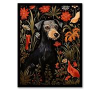 Artery8 Black Irish Terrier Dog On Elegant Floral Backdrop William Morris Style Pattern Artwork Art Print Framed Poster Wall Decor | Size: W12" x H16" Artery8 Black W12" x H16"