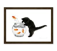 Artery8 Black Kitten Cat Goldfish Bowl A4 Artwork Framed Wall Art Print