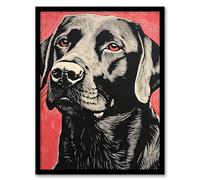 Wall Art Print Black Lab Labrador Dog Portrait On Coral Backdrop Lino Risograph Riso Art Framed Artery8 Black A4