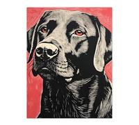 Artery8 Black Lab Labrador Dog Portrait On Coral Backdrop Lino Risograph Riso Large Wall Art Poster Print Thick Paper 18X24 Inch