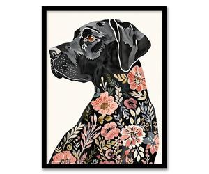 Artery8 Black Labrador Dog Lover Floral Watercolour Living Room Artwork Framed Wall Art Print A4