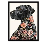 Black Labrador Dog Lover Floral Watercolour Framed Wall Art Artery8 Black A4