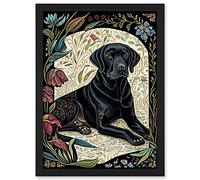 Artery8 Black Labrador Dog with Floral Patterns Vintage Inspired Linocut Illustration Artwork Framed Wall Art Print A4