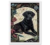 Artery8 Black Labrador Dog with Floral Patterns Vintage Inspired Linocut Illustration Artwork Framed Wall Art Print A4