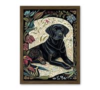 Artery8 Black Labrador Dog with Floral Patterns Vintage Inspired Linocut Illustration Artwork Framed Wall Art Print 18X24 Inch