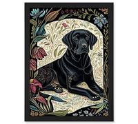 Artery8 Black Labrador Dog with Floral Patterns Vintage Inspired Linocut Illustration Artwork Framed A3 Wall Art Print