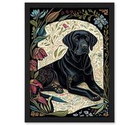 Artery8 Black Labrador Dog with Floral Patterns Vintage Inspired Linocut Illustration Artwork Framed Wall Art Print A4 Artery8 Black