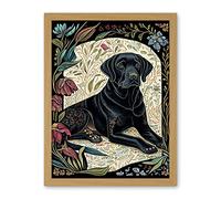 Artery8 Black Labrador Dog with Floral Patterns Vintage Inspired Linocut Illustration Artwork Framed Wall Art Print 18X24 Inch