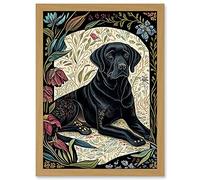 Artery8 Black Labrador Dog with Floral Patterns Vintage Inspired Linocut Illustration Artwork Framed A3 Wall Art Print