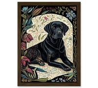 Artery8 Black Labrador Dog with Floral Patterns Vintage Inspired Linocut Illustration Artwork Framed Wall Art Print A4
