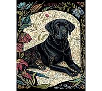 Artery8 Black Labrador Dog with Floral Patterns Vintage Inspired Linocut Illustration Large Wall Art Poster Print Thick Paper 18X24 Inch
