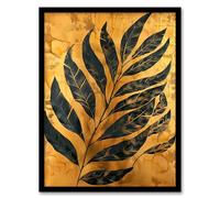 Artery8 Black on Gold Plant Lover Leaf Imprint Painting Living Room Artwork Framed Wall Art Print 18X24 Inch