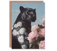 Artery8 Greeting Card Black Panther White Pink Roses Floral Portrait For Her Woman Birthday Card