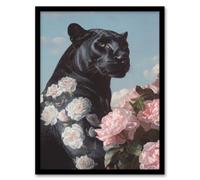 Black Panther White Pink Roses Floral Portrait Framed Art Print Artery8 Black A4