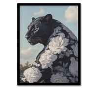 Artery8 Black Panther White Rose Flower Pattern Fur Coat Framed Art Print | Size: A4 Artery8 Black A4