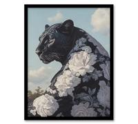 Artery8 Black Panther White Rose Flower Pattern Fur Coat Living Room Artwork Framed Wall Art Print 18X24 Inch