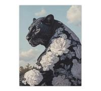 Artery8 Black Panther White Rose Flower Pattern Fur Coat Living Room Large Wall Art Poster Print Thick Paper 18X24 Inch