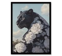 Black Panther White Rose Flower Pattern Fur Coat Framed Art Print Artery8 Black A4