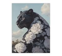 Artery8 Black Panther White Rose Flower Pattern Fur Coat Wall Art Print | Size: W12" x H16" Artery8 Black W12" x H16"