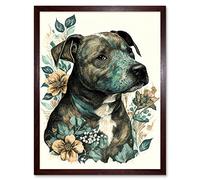 Artery8 Black Staffordshire Bull Terrier and Flowers Detailed Coloured Pencil Portrait Illustration Art Print Framed Poster Wall Decor 12x16 inch