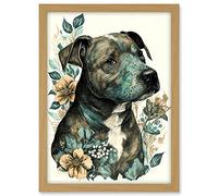 Artery8 Black Staffordshire Bull Terrier and Flowers Detailed Coloured Pencil Portrait Illustration Artwork Framed A3 Wall Art Print