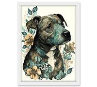 Artery8 Black Staffordshire Bull Terrier and Flowers Detailed Coloured Pencil Portrait Illustration Artwork Framed A3 Wall Art Print