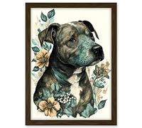 Artery8 Black Staffordshire Bull Terrier and Flowers Detailed Coloured Pencil Portrait Illustration Artwork Framed A3 Wall Art Print