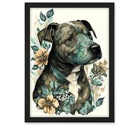 Artery8 Black Staffordshire Bull Terrier and Flowers Detailed Coloured Pencil Portrait Illustration Artwork Framed A3 Wall Art Print