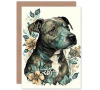 Artery8 Black Staffordshire Bull Terrier Dog and Flowers Detailed Coloured Pencil Portrait Illustration Art Birthday Sealed Greeting Card Plus Envelope Blank inside