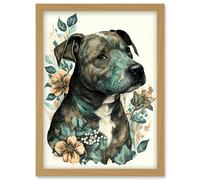 Artery8 Black Staffordshire Bull Terrier & Flowers Detailed Coloured Pencil Portrait Illustration Artwork Framed Wall Art Print A4 in Light Oak Artery8 Light Oak