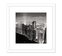 Artery8 Black White Hong Kong City Skyscrapers Photo 8X8 Inch Square Wooden Framed Wall Art Print Picture with Mount Artery8 White