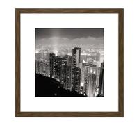 Artery8 Black White Hong Kong City Skyscrapers Photo 8X8 Inch Square Wooden Framed Wall Art Print Picture with Mount in Brown Artery8 Brown