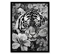 Artery8 Framed Wall Art Black White Tiger Jungle Botanical Portrait Print - 12X16 Inch
