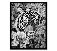 Artery8 Black White Tiger Jungle Botanical Portrait Living Room Artwork Framed Wall Art Print 18X24 Inch