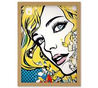 Artery8 Blonde Woman Face Comic Book Style Portrait Blue Eyes Girl Bedroom Decor Teen Halftone Artwork Framed Wall Art Print A4