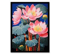 Wall Art Print Blooming Lotus Flowers Detailed Graphic Painting Pink Blue Green Stylised Aquatic Plant Artwork Framed Artery8 Pink A4