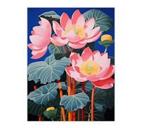 Wall Art Print Blooming Lotus Flowers Detailed Graphic Painting Pink Blue Green Stylised Aquatic Plant Poster Artery8 Pink W24 inch x H32 inch