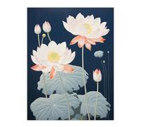 Wall Art Print Blooming Lotus Flowers Oil Painting Pastel Teal and Pink on Blue Detailed Aquatic Plant Poster Artery8 Blue W24 inch x H32 inch