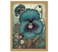Artery8 Blue and Purple Pansy Flower and Floral Patterns Artwork Framed Wall Art Print A4