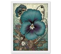 Artery8 Blue and Purple Pansy Flower and Floral Patterns Artwork Framed Wall Art Print A4