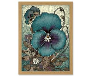 Artery8 Blue and Purple Pansy Flower and Floral Patterns Artwork Framed Wall Art Print A4
